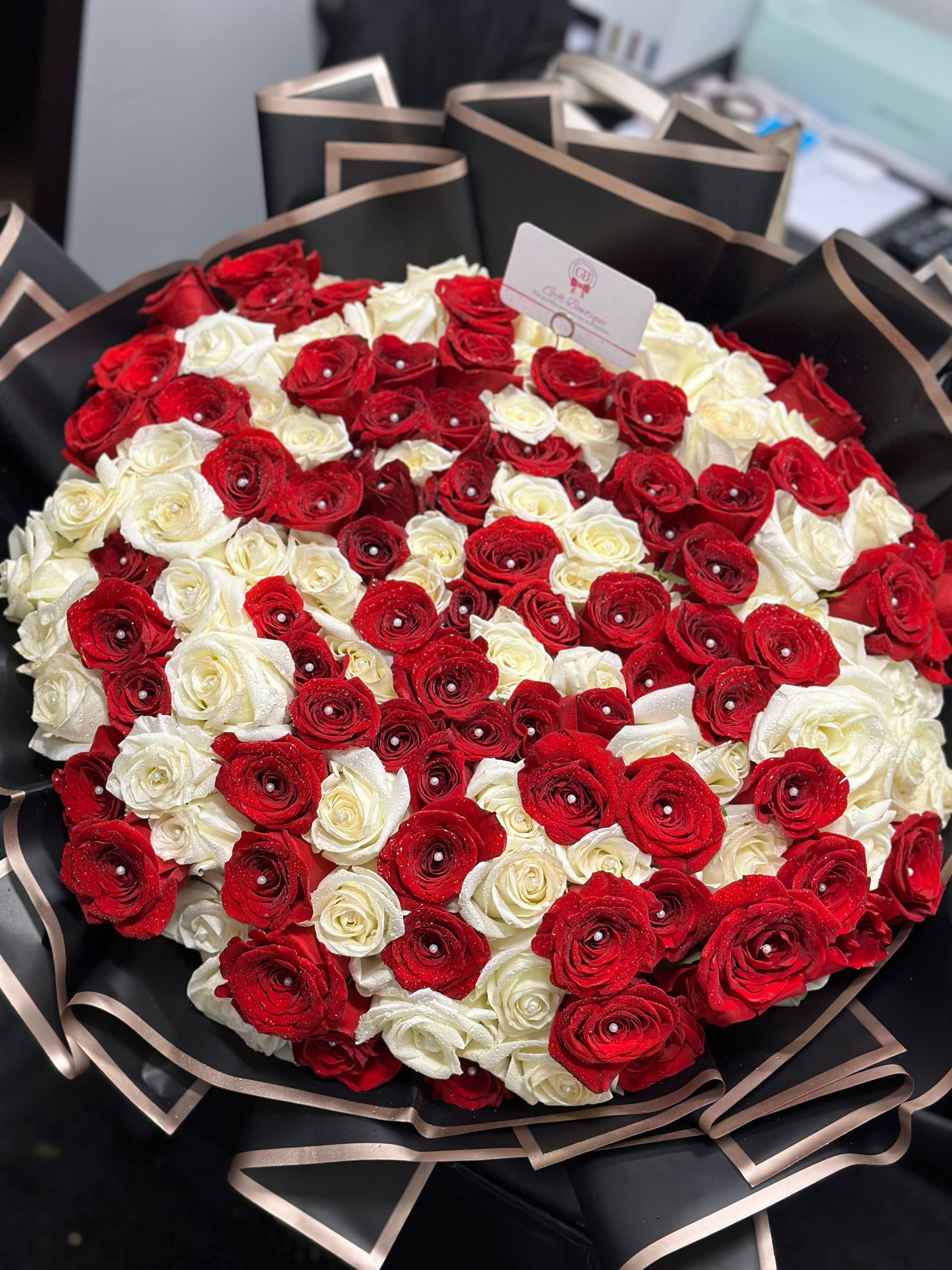 150 Red and White Rose Bouquet